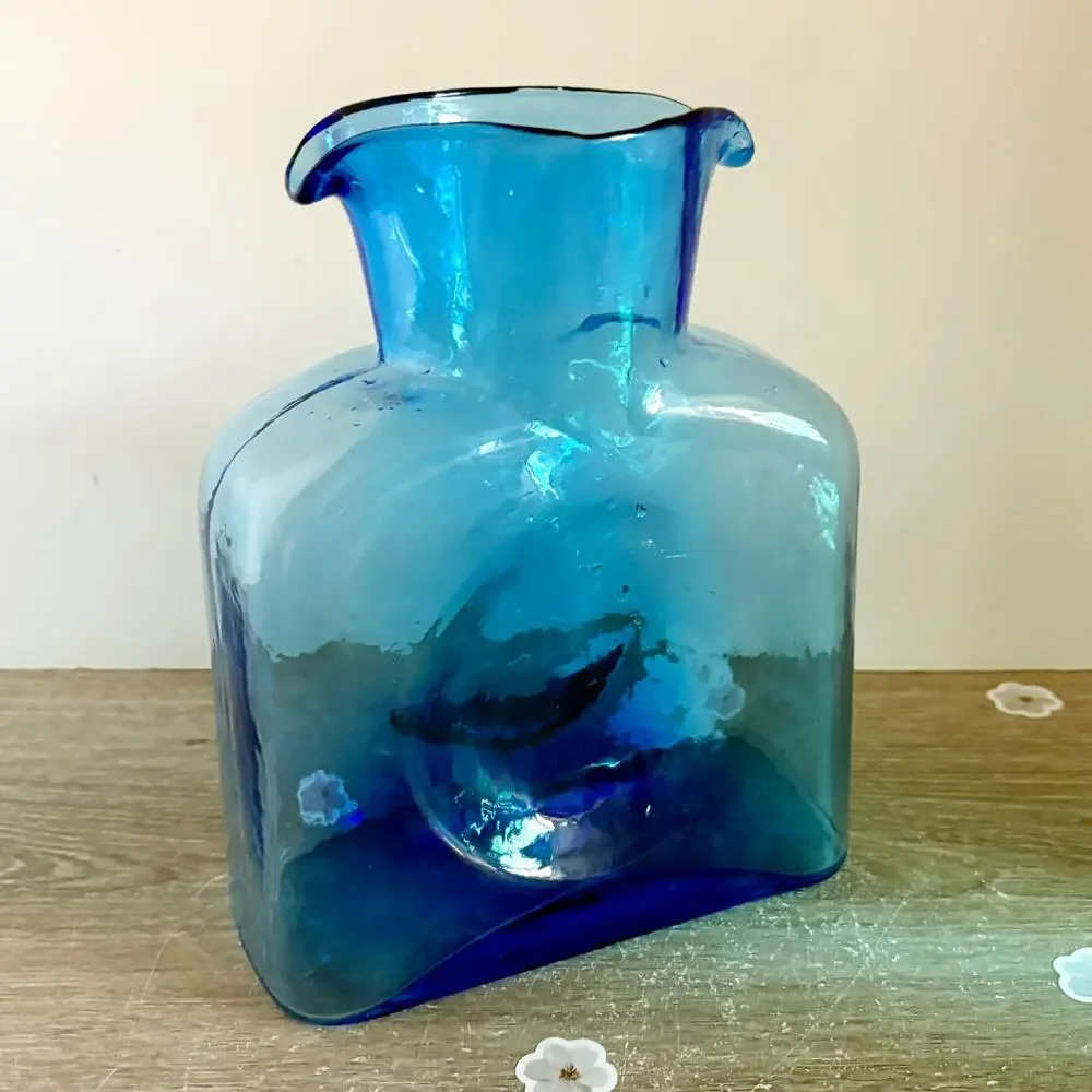 Vintage Blenko Art Glass Azure Blue Double Spout Water Bottle Pitcher Carafe 8